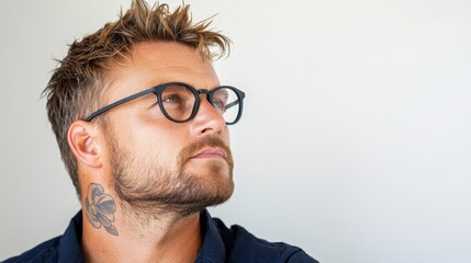 Obraz premium This image features a man with glasses and neck tattoos deep in thought indoors. His thoughtful demeanor is captured beautifully against a neutral backdrop.