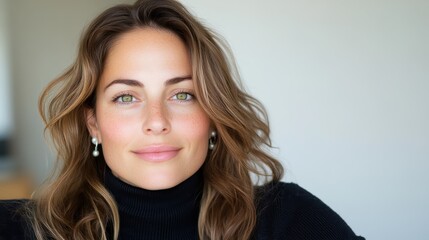 Naklejka premium A woman with wavy hair and pearl earrings exudes elegance while posing indoors wearing a black turtleneck, captured with soft natural lighting and focus.