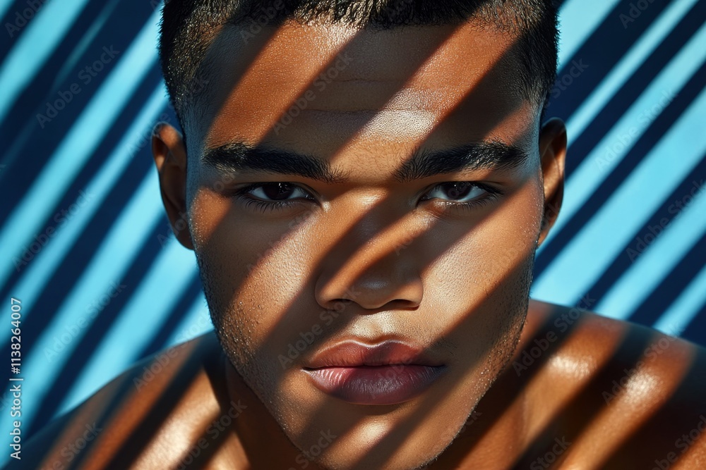 Poster a dramatic portrait of a man face with sharp features, highlighted by bold shadows and striking high