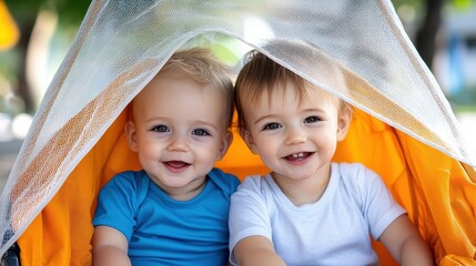These adorable toddlers sitting together in a double stroller display joyful expressions, encapsulating the innocence and happiness of early childhood.