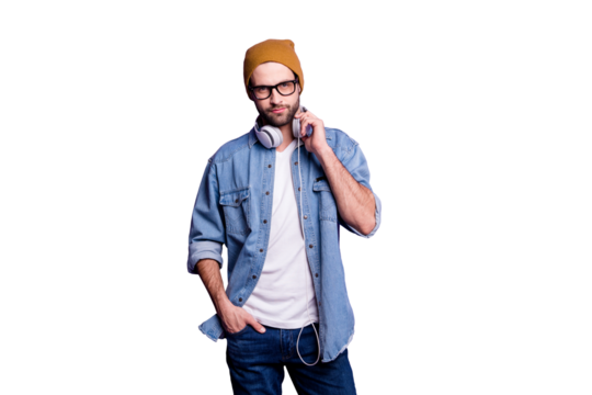 Photo of cool guy wearing modern earflaps specs casual denim outfit isolated violet background