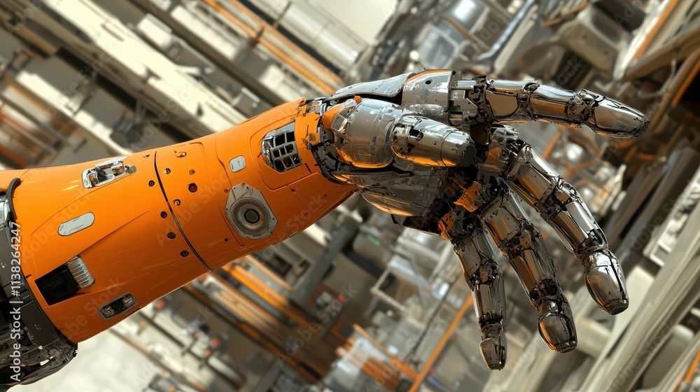 Poster futuristic robotic hand in an industrial setting showcasing advanced technology and innovation, high