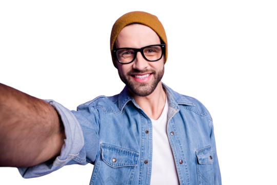 Photo of cool guy online video translation own blog wearing specs casual denim outfit isolated violet background