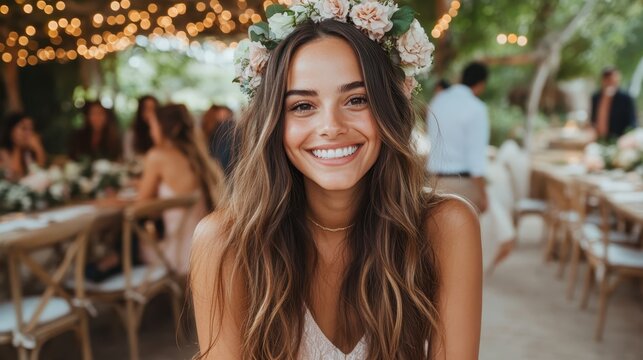A glowing bride with a floral crown sits amidst an enchanting outdoor wedding setup, epitomizing happiness, beauty, and the blissful start of married life.