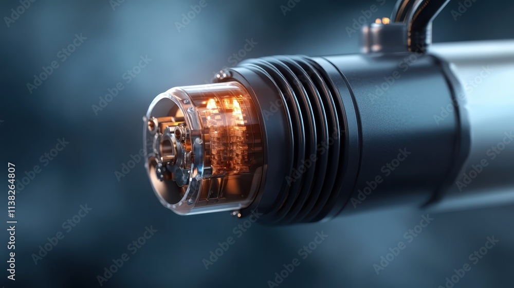 Poster a futuristic technology device featuring glowing internal lights within a cylindrical structure, hig
