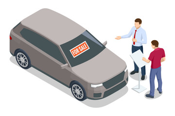Two people discuss a gray car with a For Sale sign in an isometric scene. A salesman explains details while a customer listens attentively. Dealership, showroom