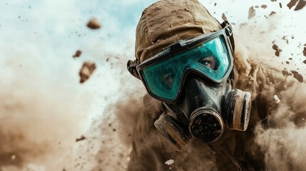 An adventurer fully equipped with goggles and a mask maneuvers through a dusty hostile environment, emphasizing courage and preparedness in face of adversity.
