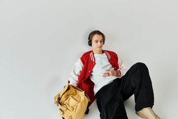 A young man relaxes on the floor, wearing a stylish bomber jacket and headphones, lost in music.