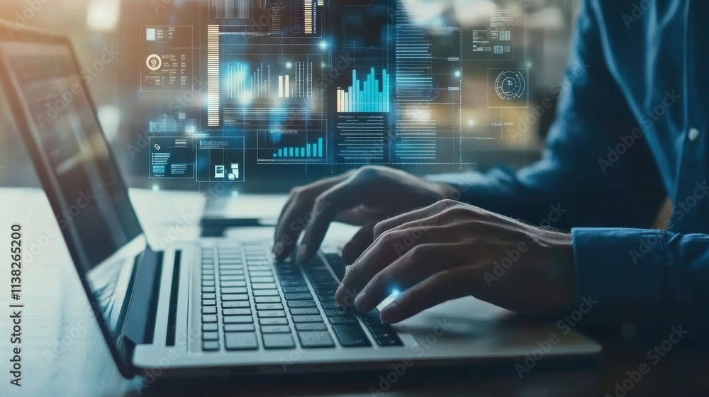 Aufkleber person using laptop, analyzing data displayed as holographic charts and graphs.