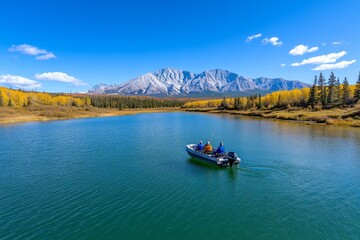 Fototapeta premium A family on a fishing trip in a small boat, casting lines into a calm lake surrounded by trees and mountains