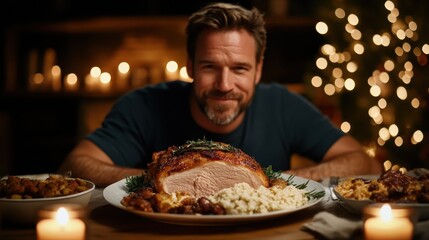 A cheerful man sits before a roasted ham centerpiece with side dishes, surrounded by a warm, candlelit atmosphere, embodying festive joy and culinary delight.