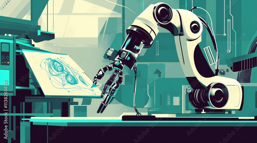 Poster robotic arm creates intricate designs in a high-tech laboratory environment with vibrant colors and 
