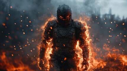 A powerful armored figure enveloped in flames, exuding strength and mystery. Dark, smoky environment enhances a sense of danger and intensity.