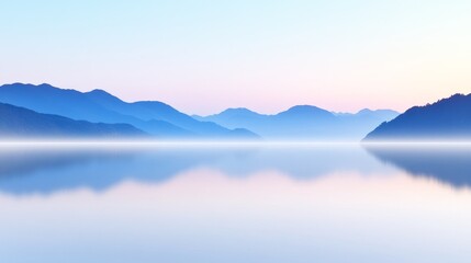 Fototapeta premium Smooth reflective surface with soft blue gradient and misty white backdrop, serene and calm ambiance