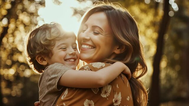 Mother and son share a heartwarming moment among the stunning cherry spring blossoms in full bloom at sunset for mother's day