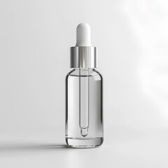 Single transparent dropper bottle product packaging for beauty and skincare in white background