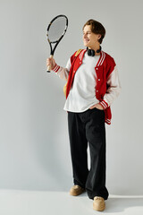 Young man stands in a studio while holding a tennis racket, showcasing his trendy style.