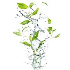 Fresh Green Leaves Splashing in Clear Water on White Background