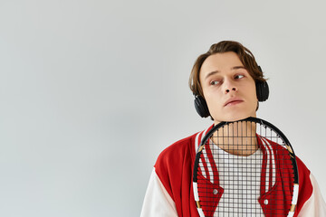 A stylish young man wearing a bomber jacket stands in a studio, showcasing youth culture.