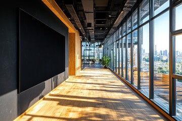 Obraz premium Sunlit Modern Office Corridor with City Views