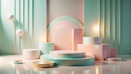 Pastel-colored geometric shapes create a minimalist product display scene with soft lighting and hanging spheres