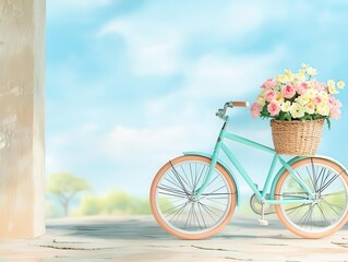 Fototapeta premium A rustic bicycle with a basket of fresh flowers parked by a country road, spring charm, 3D illustration