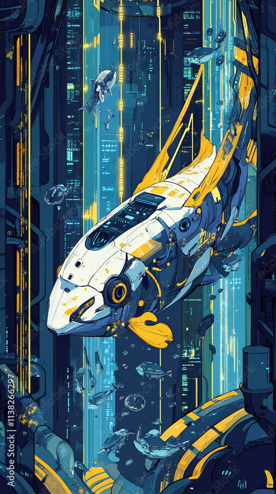 Poster futuristic underwater vehicle exploring a neon-lit aquatic environment in a technologically advanced