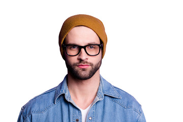 Close-up portrait of his he nice attractive content trendy cool candid calm bearded guy isolated over bright vivid shine violet lilac background