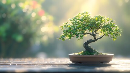 A serene bonsai tree with perfectly balanced shapes, placed on a minimalist wooden table, illuminated by soft natural light, surrounded by a blurred Zen garden backdrop,