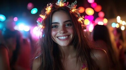 A young woman beams under vibrant lights at a festival, her expression radiating joy and excitement in a magical setting, symbolizing youth and celebration.