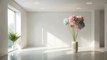 Bright sunlit minimalist interior room with large pastel flowers in a vase