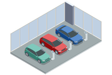 An isometric car showroom interior displaying three vehicles in green, red, and blue. Digital kiosks provide information about the cars. Dealership, showroom