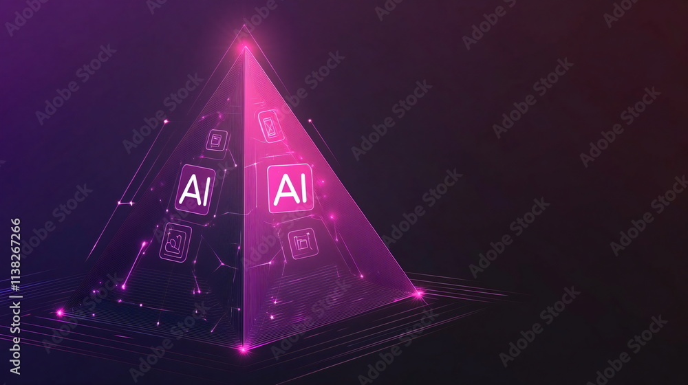 Poster exploring the future of artificial intelligence with a glowing pyramid design and vibrant colors