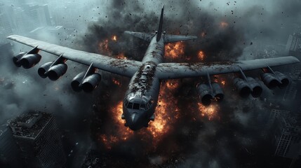 A large bomber airplane is flying grimly over a city engulfed in flames and thick smoke, creating an intense and dramatic apocalyptic scene.