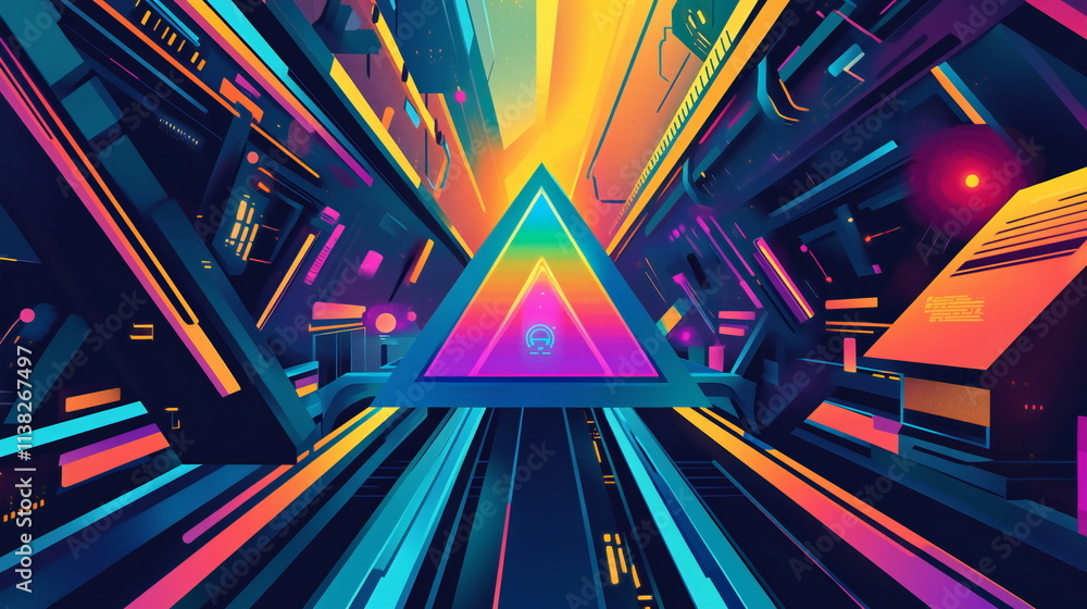 Poster vibrant geometric patterns create a futuristic landscape filled with energy and artificial intellige