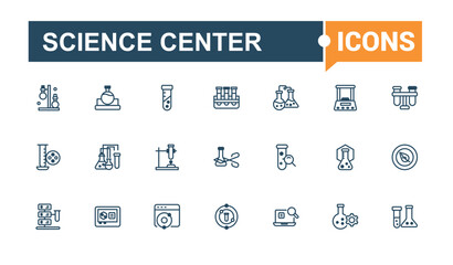 Science Center icons set. It contains symbols to experiment, flask, death, biology, chemistry, test, ar, medical. Isolated icons design. Solid line editable stroke. Vector line and solid icons.