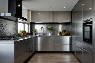 Fototapeta premium Modular Modern Metallic Silver Kitchen Design With A High Gloss Finish