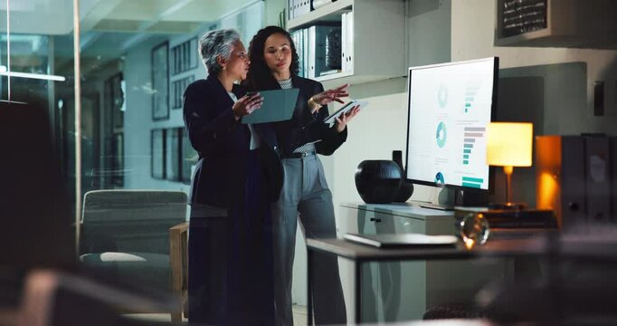 Business, women and meeting with graph in office for financial statistics, company growth and data analysis. Accounting teamwork, night and tablet with brainstorming revenue performance on screen
