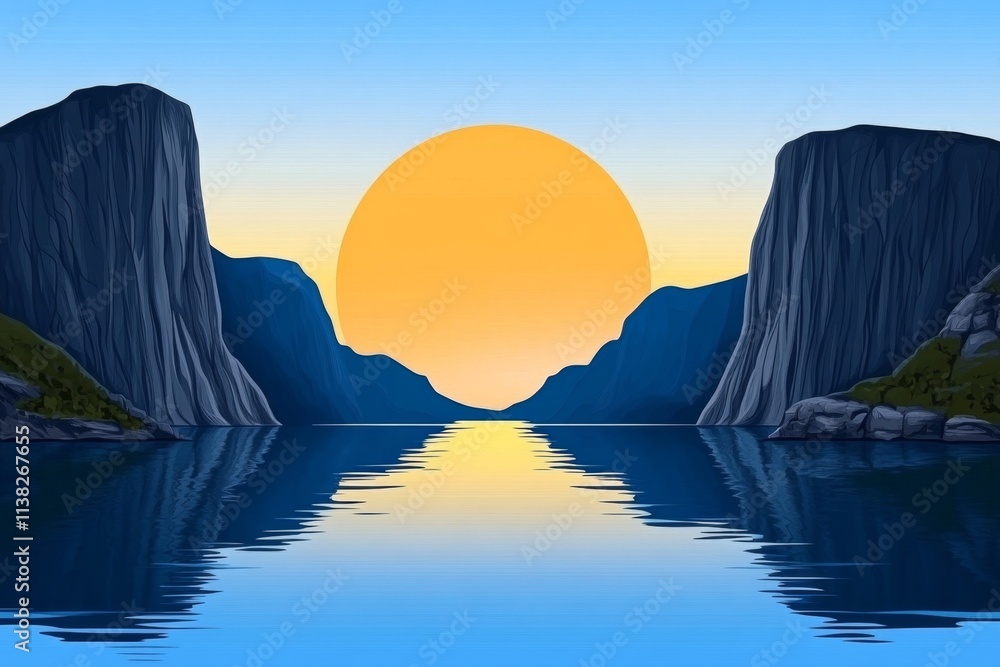 Aufkleber a flat design of a fjord with clean blue gradients depicting still water and sharp cliff silhouettes