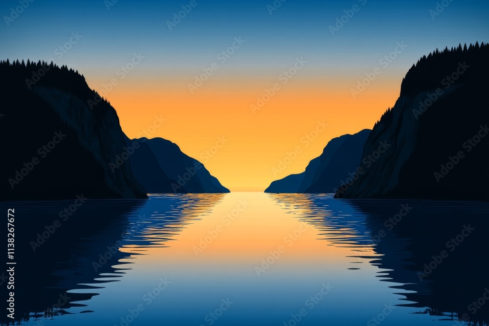 Poster a flat design of a fjord with clean blue gradients depicting still water and sharp cliff silhouettes