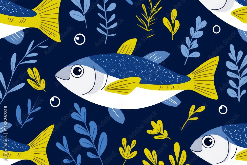 Poster A flat design of a school of fish swimming through abstract underwater patterns, rendered in cheerful blues and greens on white