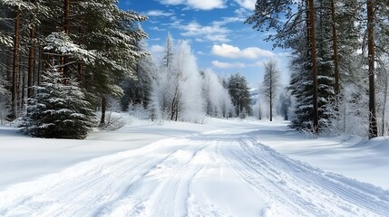 Minimalist Snowy Evergreen Forest Landscape with Peaceful Winter Path