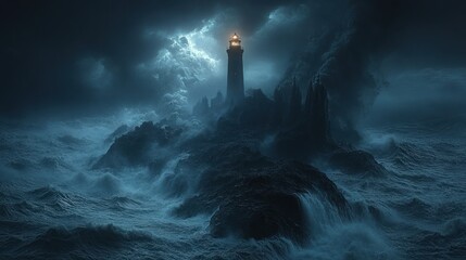 Fototapeta premium A dramatic lighthouse stands amidst turbulent waves and dark stormy skies.