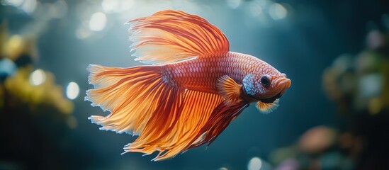 Fototapeta premium Vibrant orange betta fish with flowing fins swims in an aquarium.
