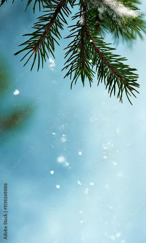 Aufkleber a snow covered pine tree branch with snowflakes falling on it. the image has a serene and peaceful m
