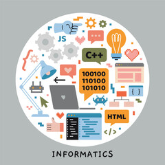 Computer science and programming lesson at school, IT education concept. Round art with computer, laptop, languages, console, pixel art and digital interface. Vector illustration, hand drawn, flat