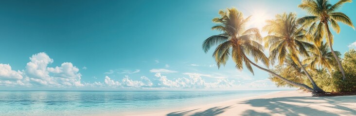 Fototapeta premium Tropical Paradise: Sun-Kissed Beach with Lush Palm Trees