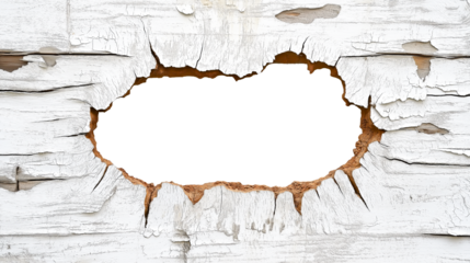 hole in the white wood wall, hole break through wooden board plank, decor frame, white transparent background. cutout png