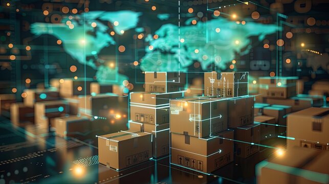 Global E-commerce Logistics: Cardboard Packages and Digital Network Overlay