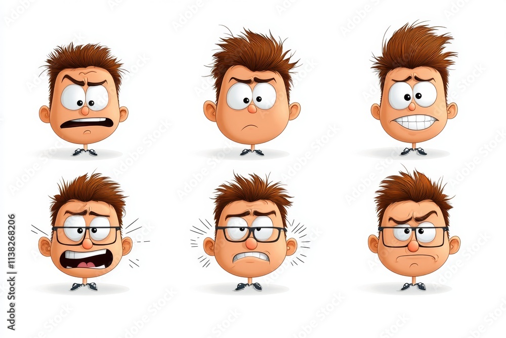 Poster a flat, infographic-style illustration of a face showing different expressions, labeled with emotion